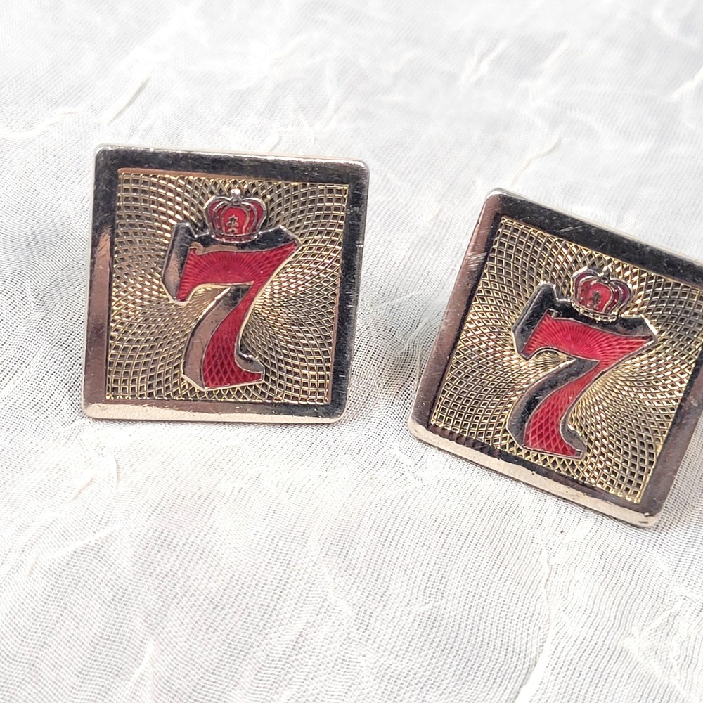Seagrams 7 Crown Gold Tone Red Enamel Square Cufflinks Vintage Whiskey Motif